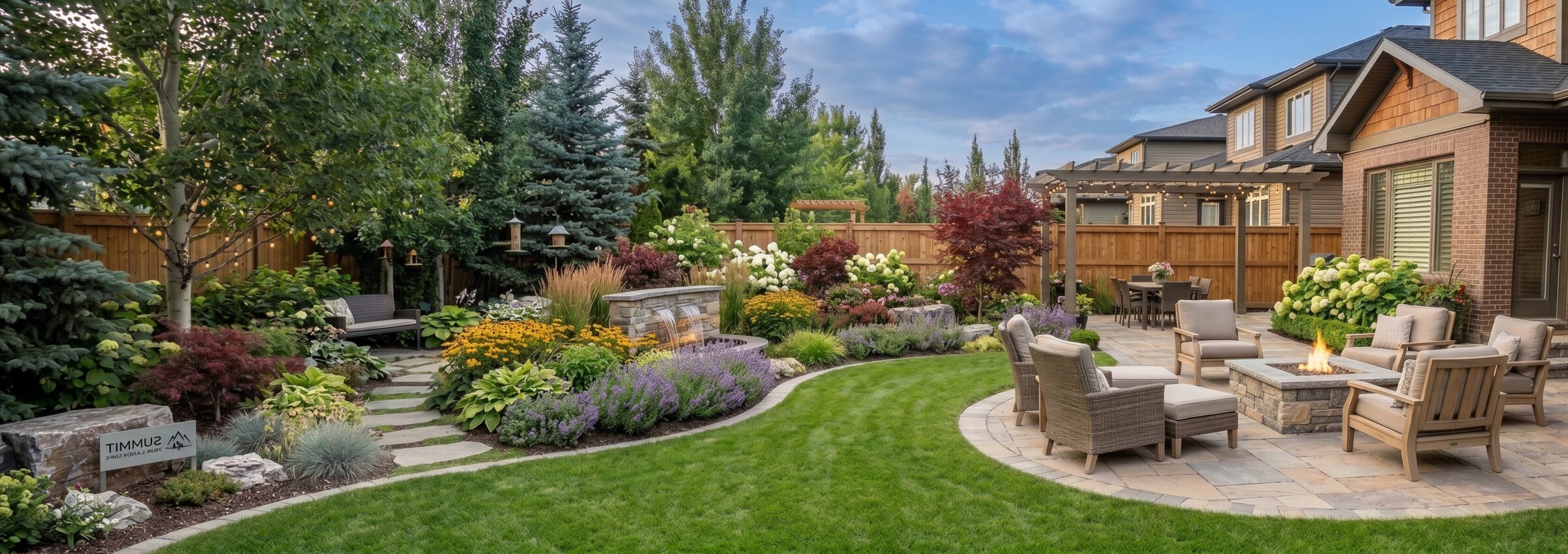 A landscaped Edmonton backyard with a paving stone patio, fire pit and garden beds